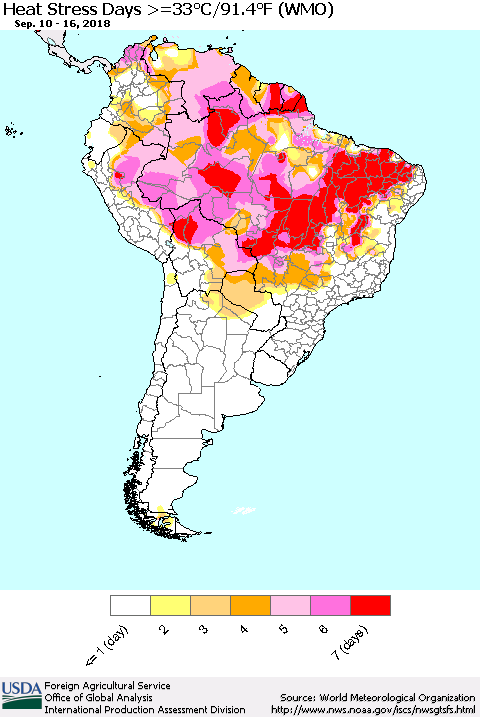 South America Heat Stress Days >=35°C/95°F (WMO) Thematic Map For 9/10/2018 - 9/16/2018