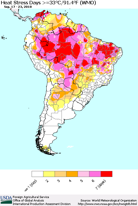 South America Heat Stress Days >=35°C/95°F (WMO) Thematic Map For 9/17/2018 - 9/23/2018