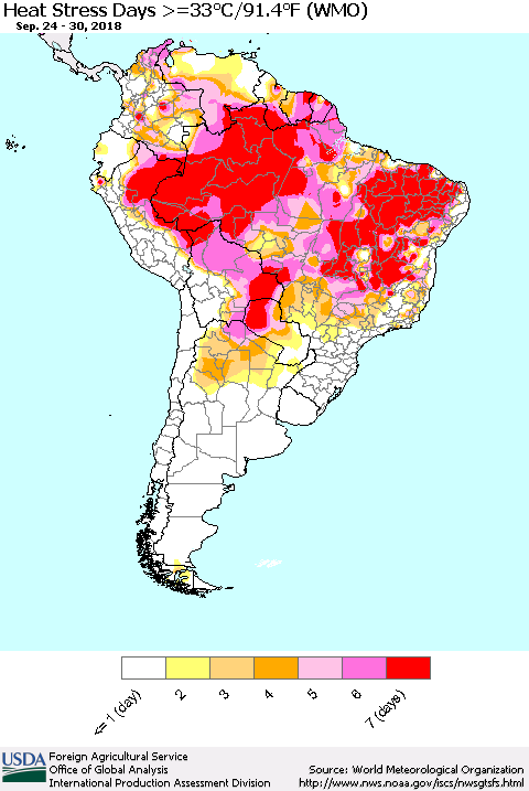 South America Heat Stress Days >=35°C/95°F (WMO) Thematic Map For 9/24/2018 - 9/30/2018
