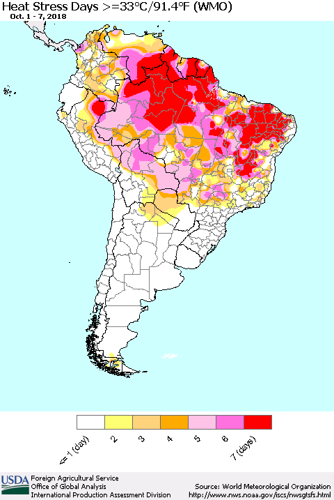 South America Heat Stress Days >=35°C/95°F (WMO) Thematic Map For 10/1/2018 - 10/7/2018