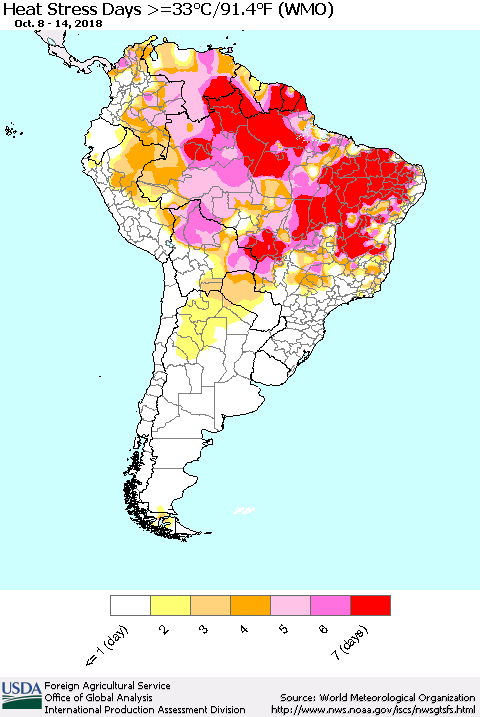 South America Heat Stress Days >=35°C/95°F (WMO) Thematic Map For 10/8/2018 - 10/14/2018
