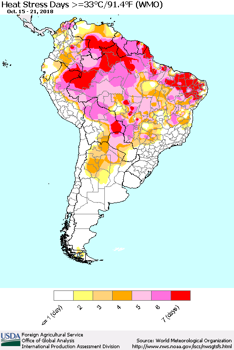 South America Heat Stress Days >=35°C/95°F (WMO) Thematic Map For 10/15/2018 - 10/21/2018