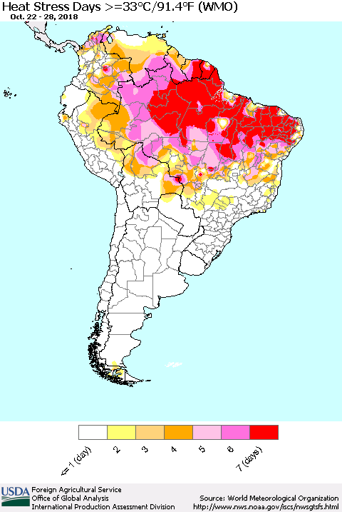 South America Heat Stress Days >=35°C/95°F (WMO) Thematic Map For 10/22/2018 - 10/28/2018