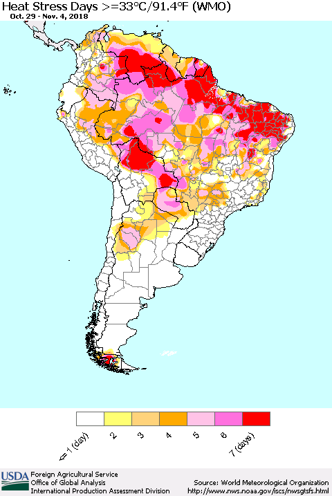 South America Heat Stress Days >=35°C/95°F (WMO) Thematic Map For 10/29/2018 - 11/4/2018