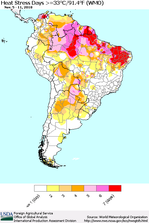 South America Heat Stress Days >=35°C/95°F (WMO) Thematic Map For 11/5/2018 - 11/11/2018