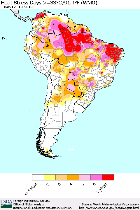 South America Heat Stress Days >=35°C/95°F (WMO) Thematic Map For 11/12/2018 - 11/18/2018
