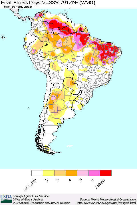 South America Heat Stress Days >=35°C/95°F (WMO) Thematic Map For 11/19/2018 - 11/25/2018