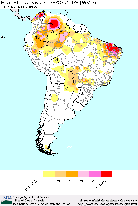 South America Heat Stress Days >=35°C/95°F (WMO) Thematic Map For 11/26/2018 - 12/2/2018
