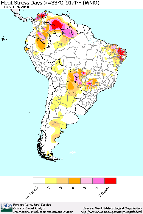 South America Heat Stress Days >=35°C/95°F (WMO) Thematic Map For 12/3/2018 - 12/9/2018