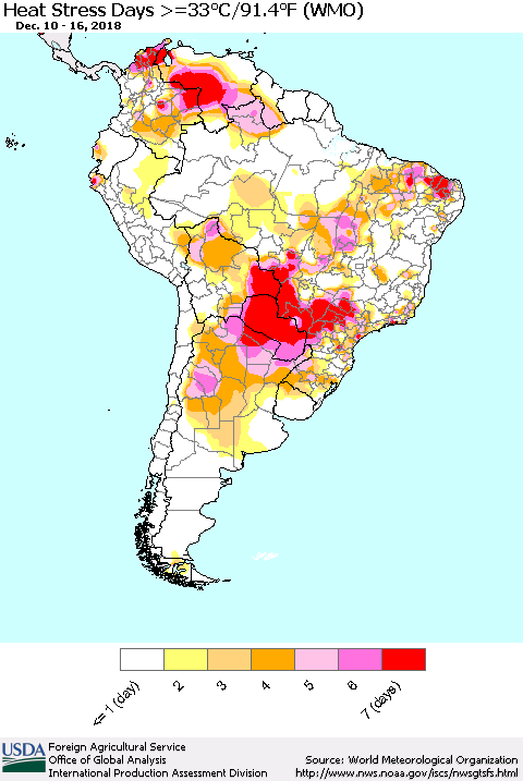 South America Heat Stress Days >=35°C/95°F (WMO) Thematic Map For 12/10/2018 - 12/16/2018