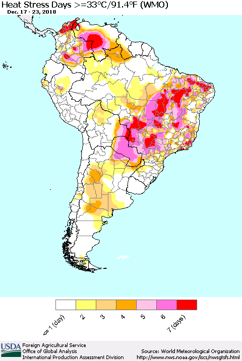 South America Heat Stress Days >=35°C/95°F (WMO) Thematic Map For 12/17/2018 - 12/23/2018
