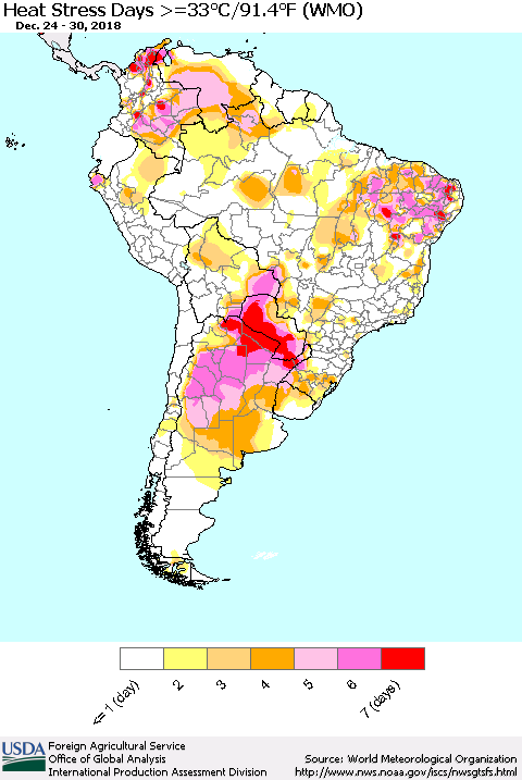 South America Heat Stress Days >=35°C/95°F (WMO) Thematic Map For 12/24/2018 - 12/30/2018