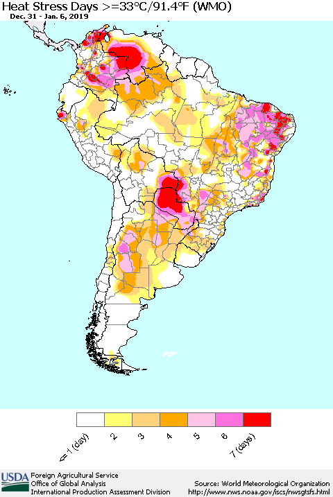 South America Heat Stress Days >=35°C/95°F (WMO) Thematic Map For 12/31/2018 - 1/6/2019
