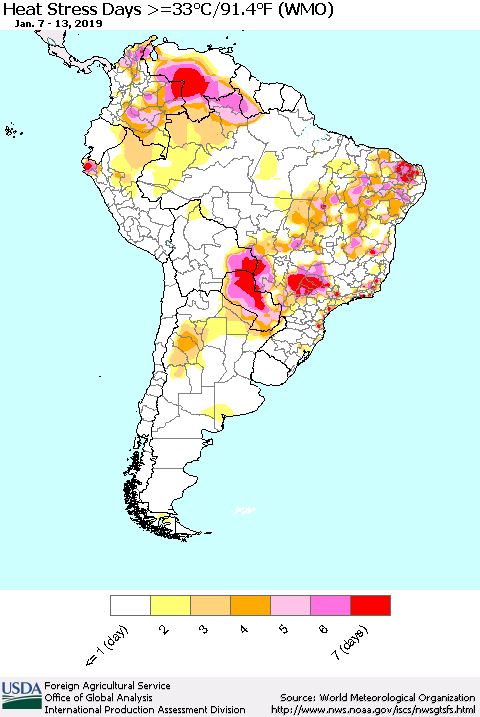 South America Heat Stress Days >=35°C/95°F (WMO) Thematic Map For 1/7/2019 - 1/13/2019