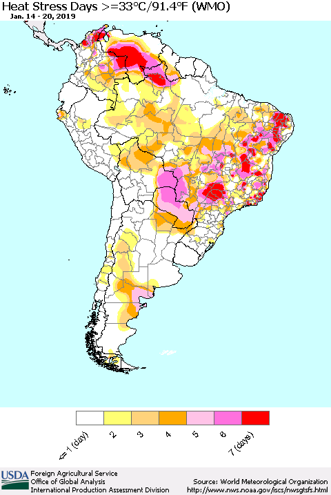 South America Heat Stress Days >=35°C/95°F (WMO) Thematic Map For 1/14/2019 - 1/20/2019