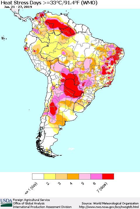 South America Heat Stress Days >=35°C/95°F (WMO) Thematic Map For 1/21/2019 - 1/27/2019
