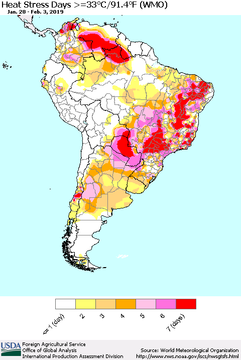 South America Heat Stress Days >=35°C/95°F (WMO) Thematic Map For 1/28/2019 - 2/3/2019