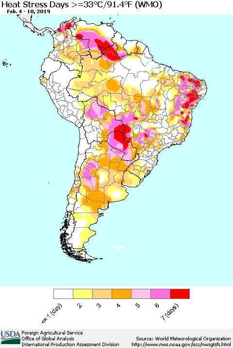 South America Heat Stress Days >=35°C/95°F (WMO) Thematic Map For 2/4/2019 - 2/10/2019