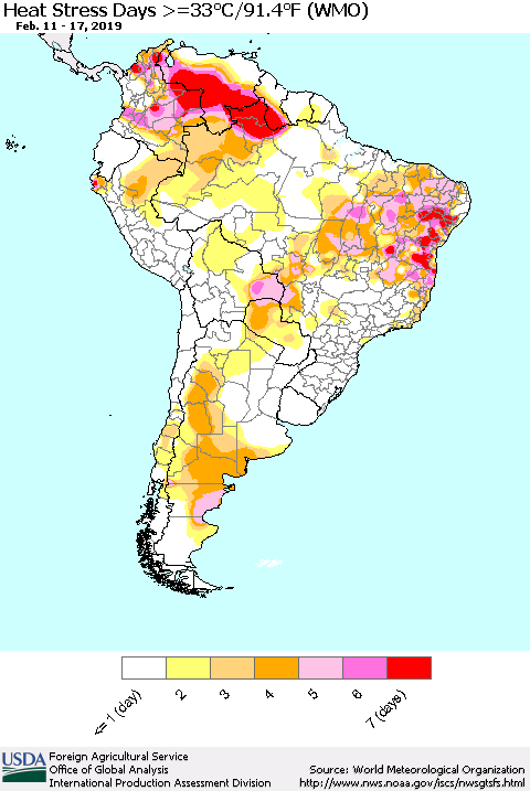 South America Heat Stress Days >=35°C/95°F (WMO) Thematic Map For 2/11/2019 - 2/17/2019