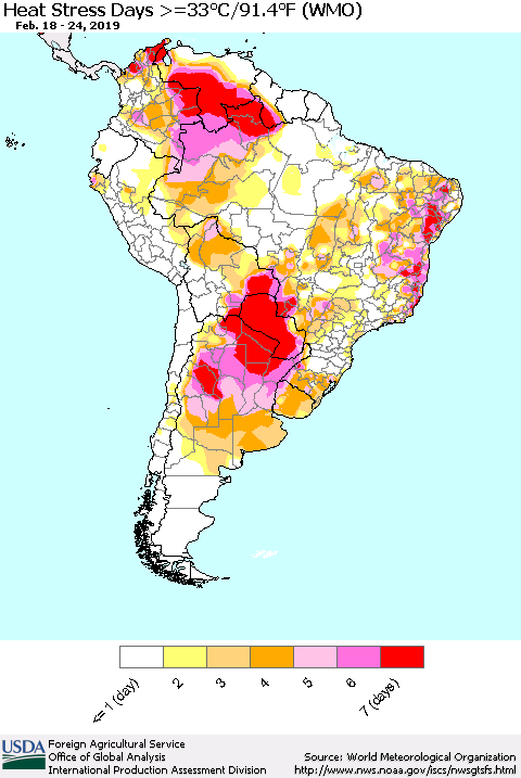 South America Heat Stress Days >=35°C/95°F (WMO) Thematic Map For 2/18/2019 - 2/24/2019