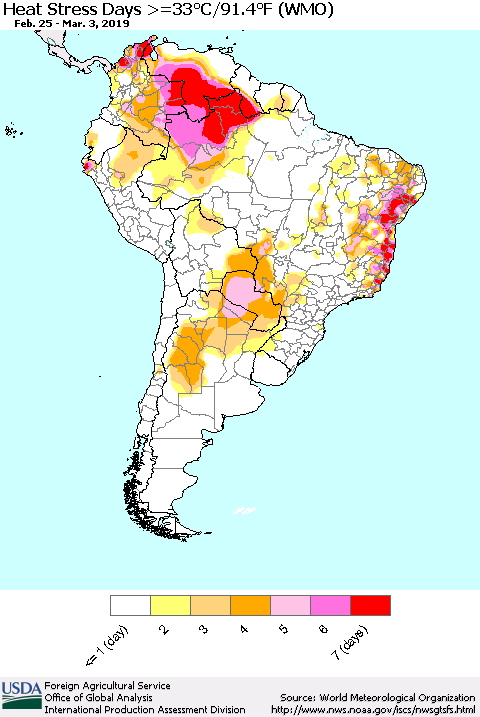 South America Heat Stress Days >=35°C/95°F (WMO) Thematic Map For 2/25/2019 - 3/3/2019