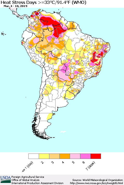 South America Heat Stress Days >=35°C/95°F (WMO) Thematic Map For 3/4/2019 - 3/10/2019