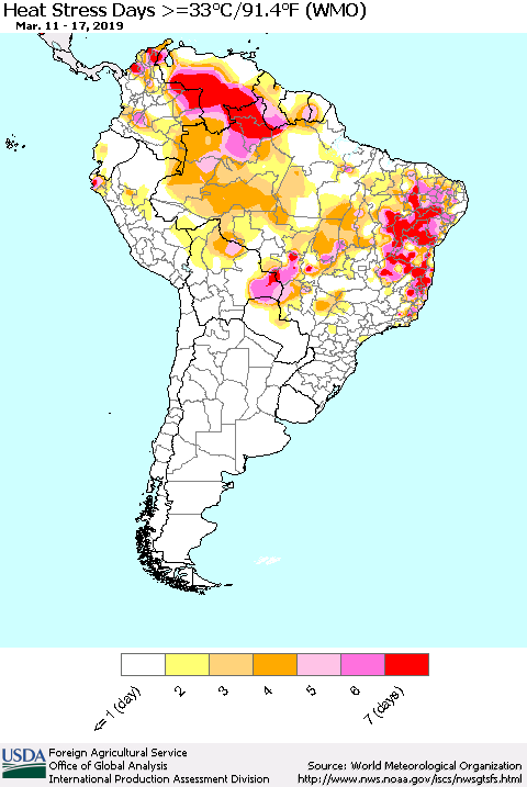 South America Heat Stress Days >=35°C/95°F (WMO) Thematic Map For 3/11/2019 - 3/17/2019