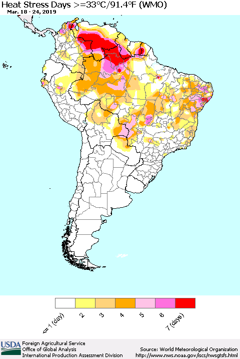 South America Heat Stress Days >=35°C/95°F (WMO) Thematic Map For 3/18/2019 - 3/24/2019