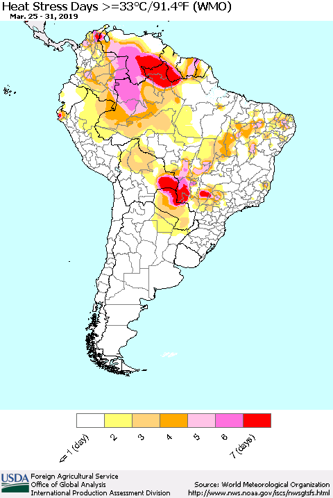 South America Heat Stress Days >=35°C/95°F (WMO) Thematic Map For 3/25/2019 - 3/31/2019