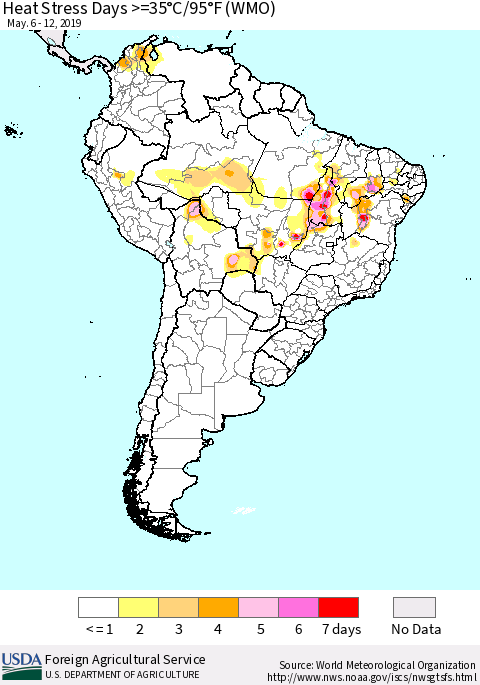 South America Heat Stress Days >=35°C/95°F (WMO) Thematic Map For 5/6/2019 - 5/12/2019