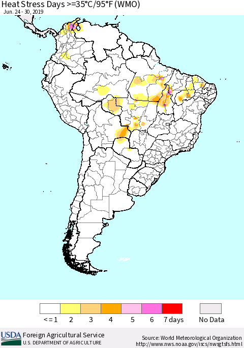 South America Heat Stress Days >=35°C/95°F (WMO) Thematic Map For 6/24/2019 - 6/30/2019