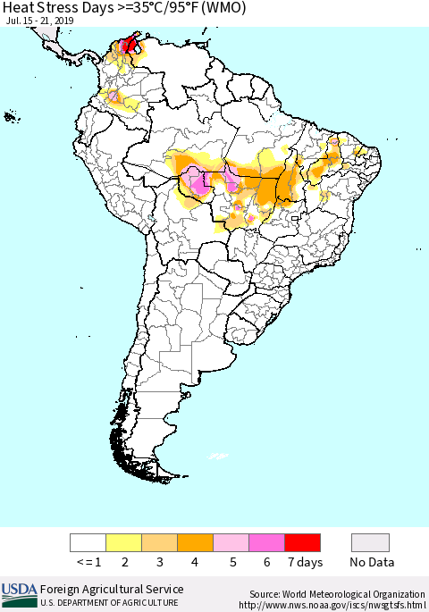 South America Heat Stress Days >=35°C/95°F (WMO) Thematic Map For 7/15/2019 - 7/21/2019