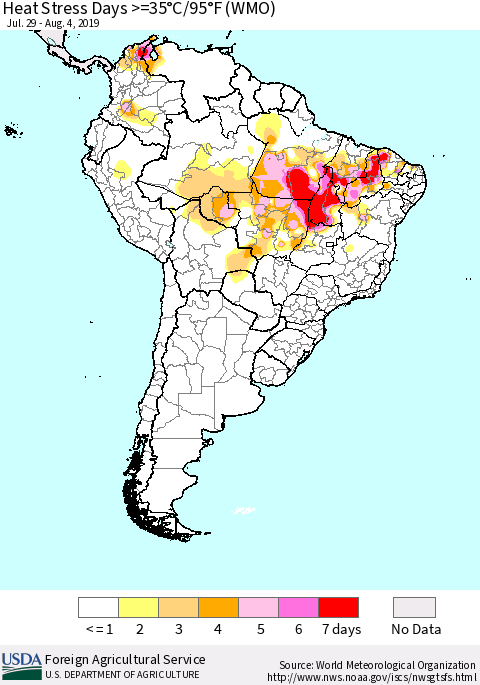 South America Heat Stress Days >=35°C/95°F (WMO) Thematic Map For 7/29/2019 - 8/4/2019