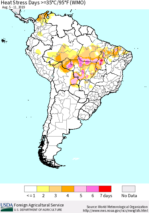 South America Heat Stress Days >=35°C/95°F (WMO) Thematic Map For 8/5/2019 - 8/11/2019