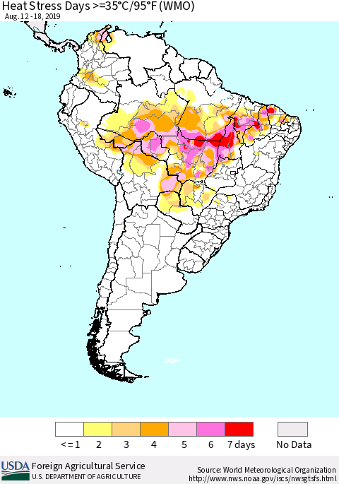 South America Heat Stress Days >=35°C/95°F (WMO) Thematic Map For 8/12/2019 - 8/18/2019