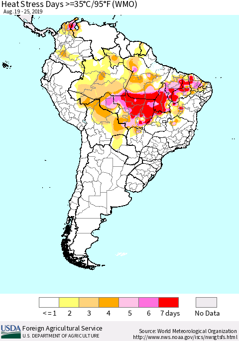 South America Heat Stress Days >=35°C/95°F (WMO) Thematic Map For 8/19/2019 - 8/25/2019