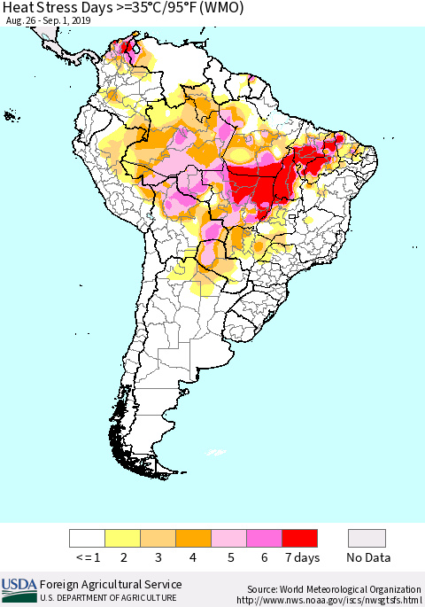 South America Heat Stress Days >=35°C/95°F (WMO) Thematic Map For 8/26/2019 - 9/1/2019