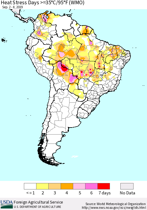 South America Heat Stress Days >=35°C/95°F (WMO) Thematic Map For 9/2/2019 - 9/8/2019