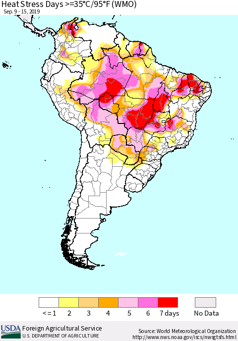 South America Heat Stress Days >=35°C/95°F (WMO) Thematic Map For 9/9/2019 - 9/15/2019