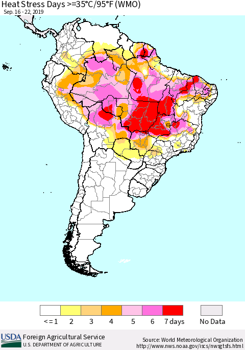 South America Heat Stress Days >=35°C/95°F (WMO) Thematic Map For 9/16/2019 - 9/22/2019