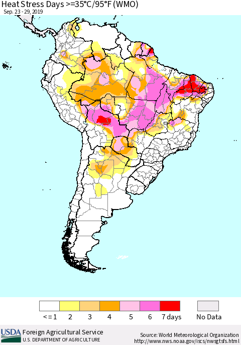 South America Heat Stress Days >=35°C/95°F (WMO) Thematic Map For 9/23/2019 - 9/29/2019