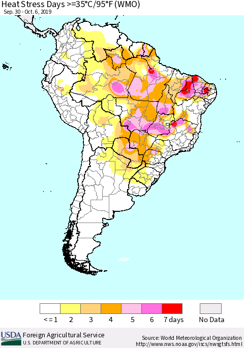 South America Heat Stress Days >=35°C/95°F (WMO) Thematic Map For 9/30/2019 - 10/6/2019