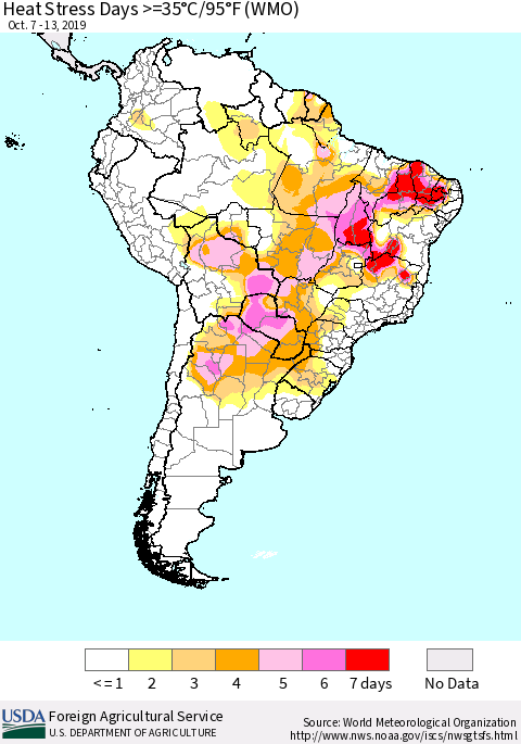 South America Heat Stress Days >=35°C/95°F (WMO) Thematic Map For 10/7/2019 - 10/13/2019