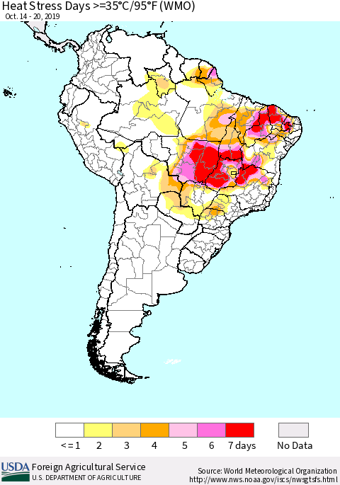 South America Heat Stress Days >=35°C/95°F (WMO) Thematic Map For 10/14/2019 - 10/20/2019