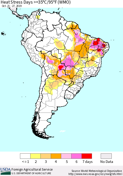 South America Heat Stress Days >=35°C/95°F (WMO) Thematic Map For 10/21/2019 - 10/27/2019