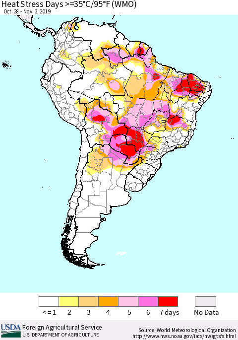 South America Heat Stress Days >=35°C/95°F (WMO) Thematic Map For 10/28/2019 - 11/3/2019