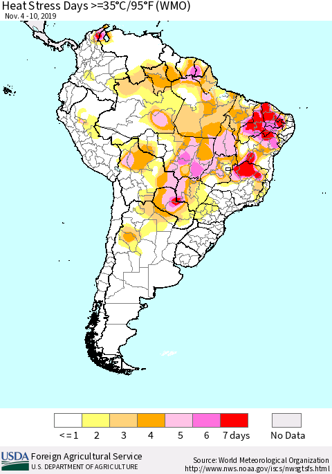 South America Heat Stress Days >=35°C/95°F (WMO) Thematic Map For 11/4/2019 - 11/10/2019