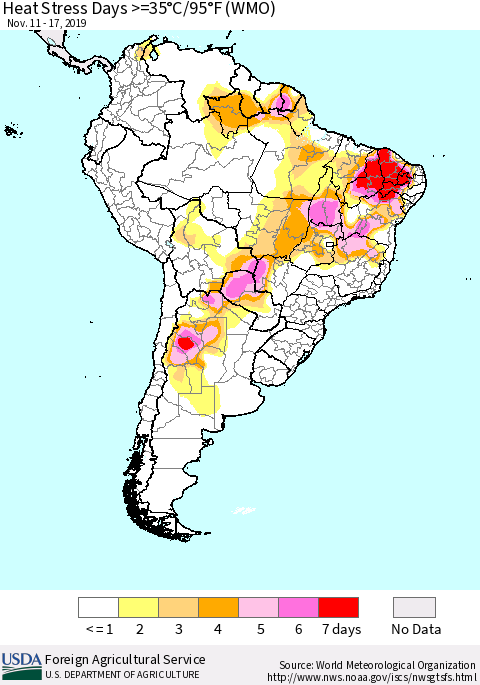 South America Heat Stress Days >=35°C/95°F (WMO) Thematic Map For 11/11/2019 - 11/17/2019