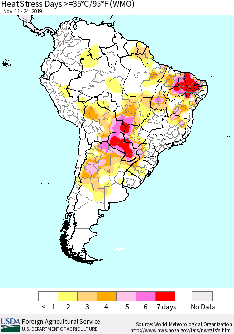 South America Heat Stress Days >=35°C/95°F (WMO) Thematic Map For 11/18/2019 - 11/24/2019