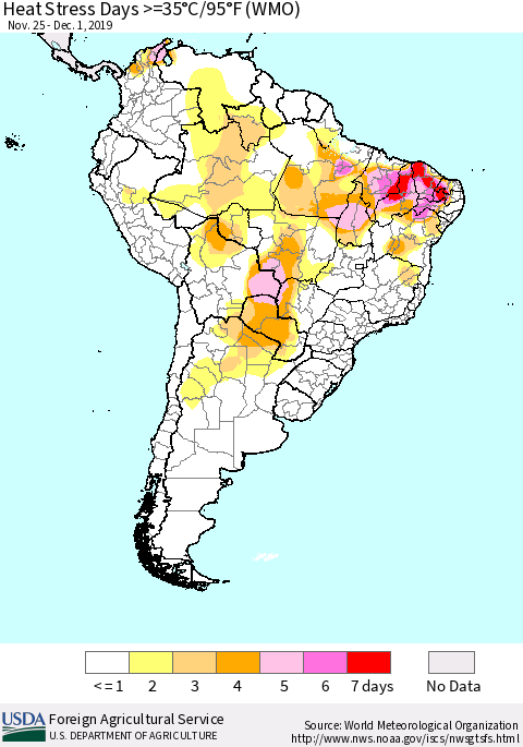 South America Heat Stress Days >=35°C/95°F (WMO) Thematic Map For 11/25/2019 - 12/1/2019